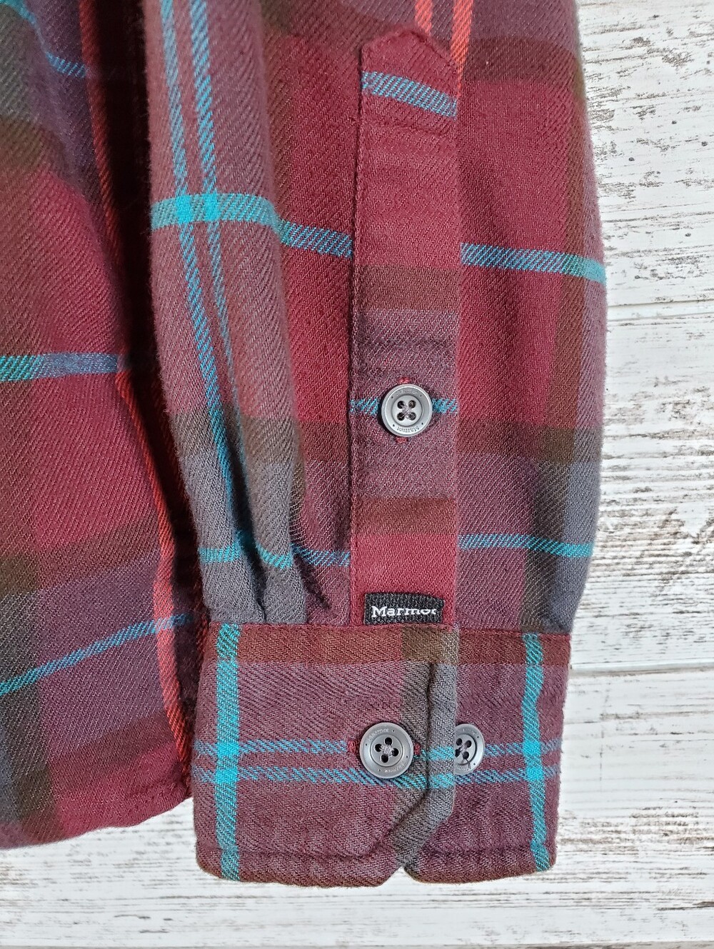 Marmot Anderson Plaid Flannel Shirt Burgundy Teal CoolMax Button Up - Picture 6 of 10